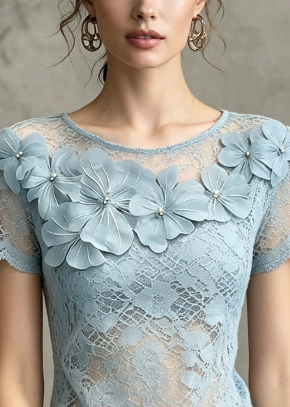 French Blue Floral Cut Out Lace Tops Summer
