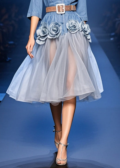 French Blue Floral Tulle Patchwork Denim Dress Summer