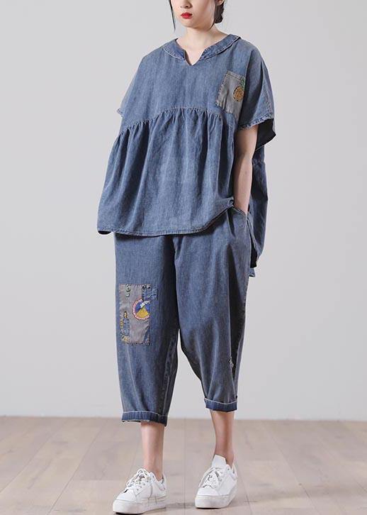French Blue Half Sleeve Cotton Loose Summer Two Pieces Set - SooLinen