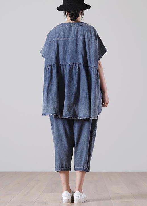 French Blue Half Sleeve Cotton Loose Summer Two Pieces Set - SooLinen