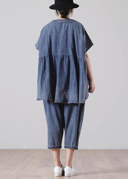 French Blue Half Sleeve Cotton Loose Summer Two Pieces Set - SooLinen