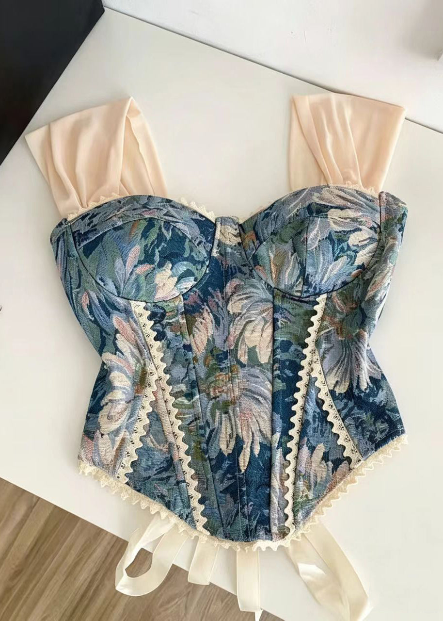 French Blue Jacquard Lace Up Patchwork Lace Top Summer