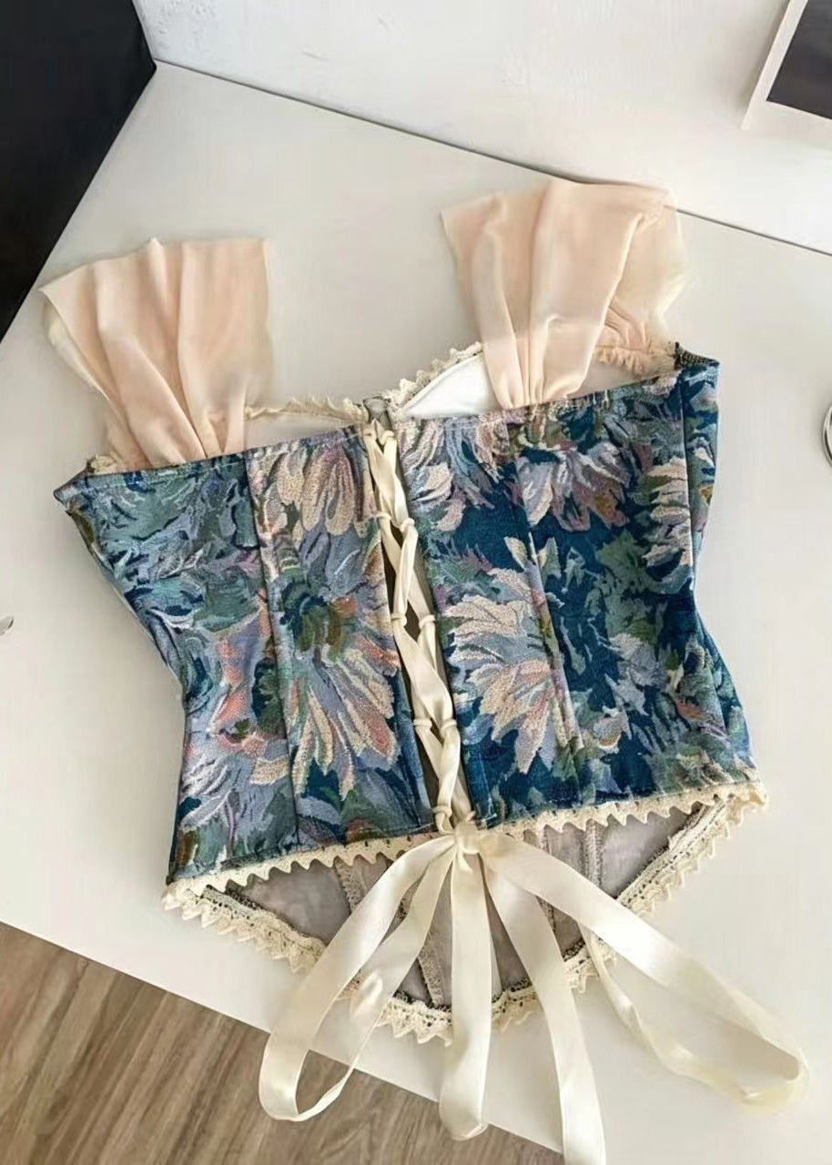 French Blue Jacquard Lace Up Patchwork Lace Top Summer