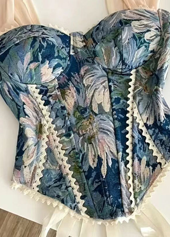 French Blue Jacquard Lace Up Patchwork Lace Top Summer