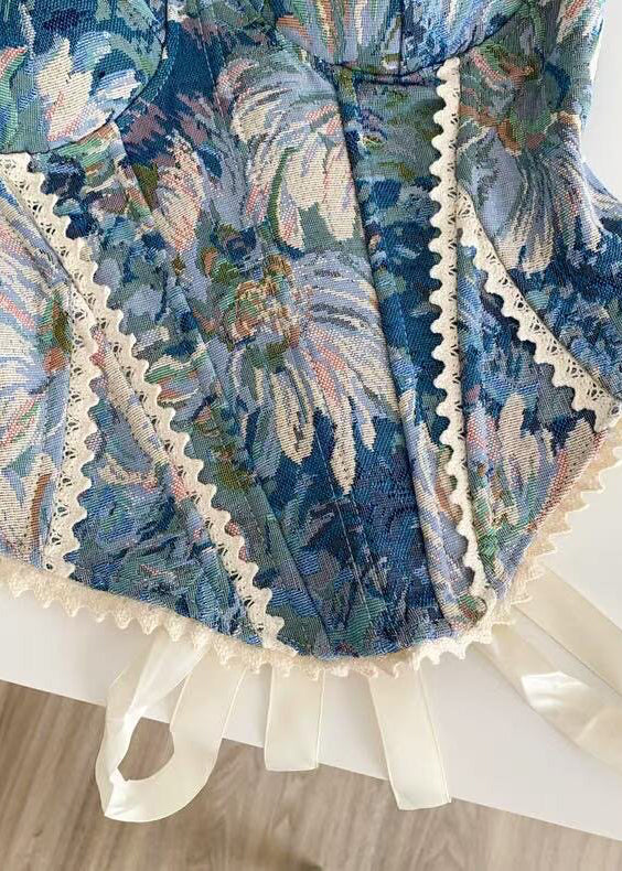 French Blue Jacquard Lace Up Patchwork Lace Top Summer