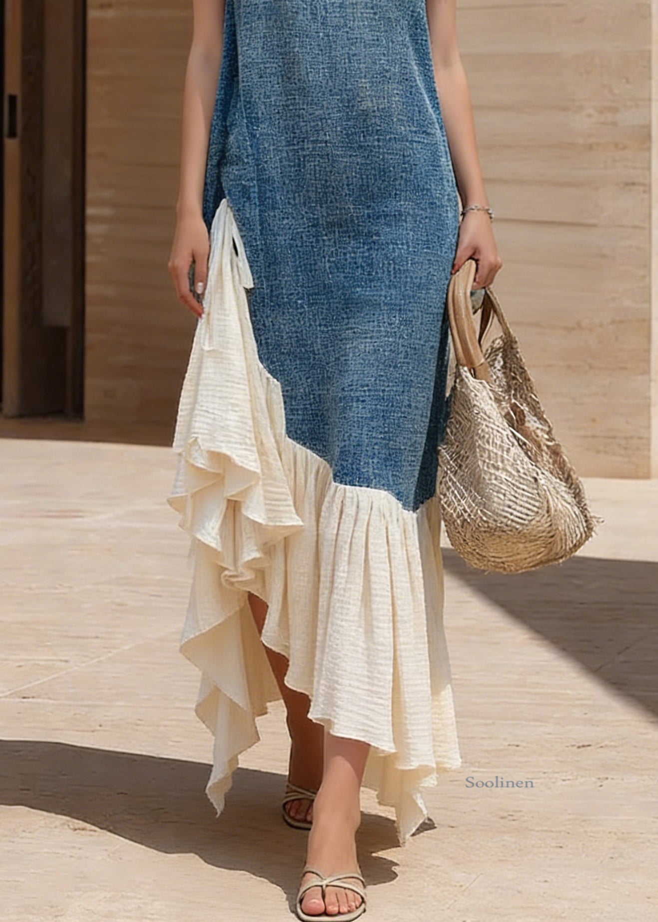 French Blue Lace Up Wrinkled Patchwork Denim Dresses Sleeveless