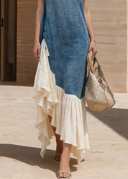 French Blue Lace Up Wrinkled Patchwork Denim Dresses Sleeveless