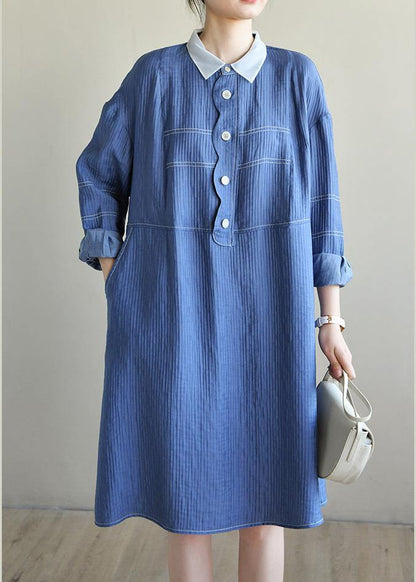 French Blue Long sleeve Patchwork Button Dress Spring - SooLinen