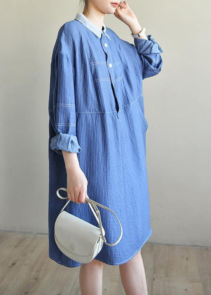 French Blue Long sleeve Patchwork Button Dress Spring - SooLinen
