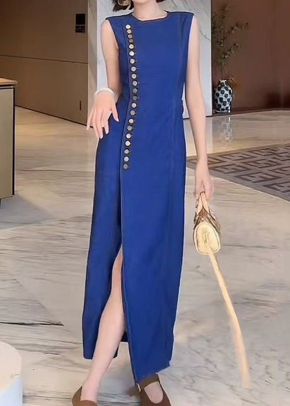 Vestidos largos de mezclilla sin mangas con cuello redondo, botones y abertura frontal en azul francés