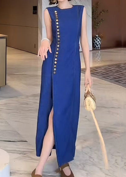 Vestidos largos de mezclilla sin mangas con cuello redondo, botones y abertura frontal en azul francés