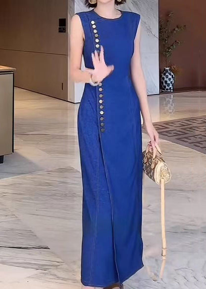 Vestidos largos de mezclilla sin mangas con cuello redondo, botones y abertura frontal en azul francés