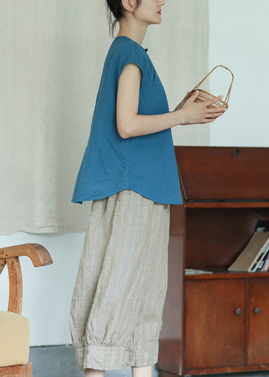 Camiseta de lino con cuello redondo y botones de patchwork azul francés, manga corta