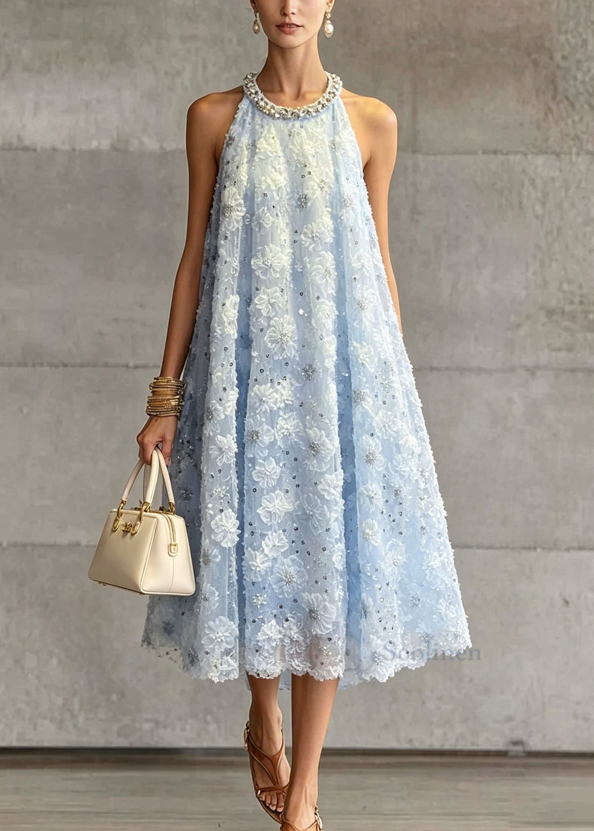 French Blue O Neck Floral Zircon Tulle Dress Sleeveless