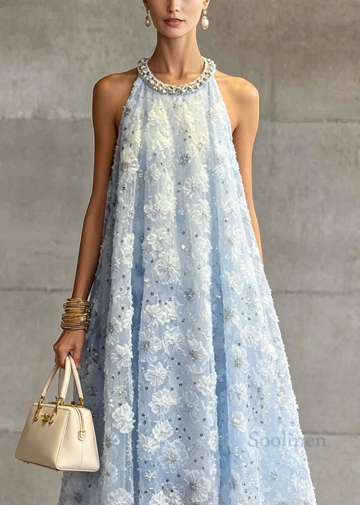 French Blue O Neck Floral Zircon Tulle Dress Sleeveless
