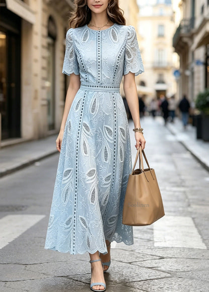 French Blue O Neck Hollow Out Patchwork Cotton Dress Summer