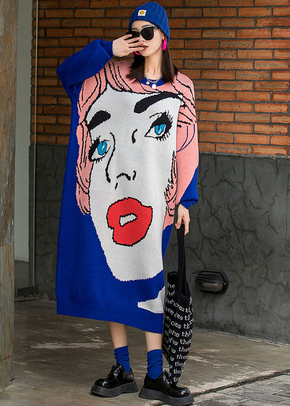 Französisch Blau O-Ausschnitt Lose Herbst Stricken Lange Kleider Langarm