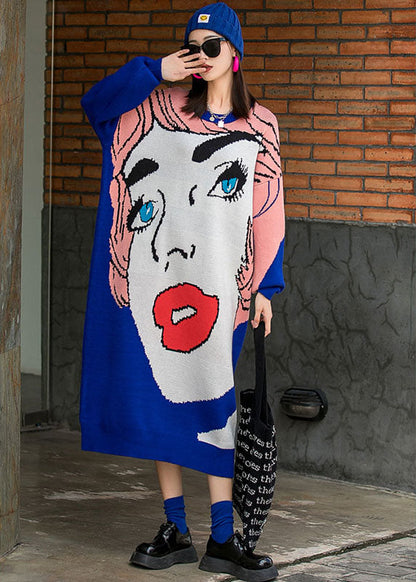 Französisch Blau O-Ausschnitt Lose Herbst Stricken Lange Kleider Langarm