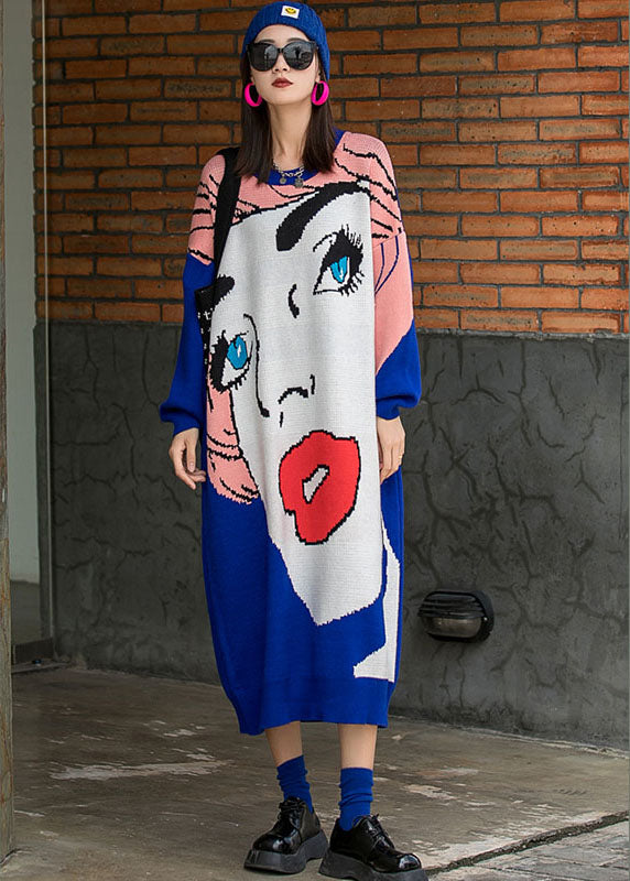 Französisch Blau O-Ausschnitt Lose Herbst Stricken Lange Kleider Langarm