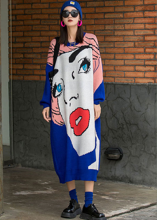 Französisch Blau O-Ausschnitt Lose Herbst Stricken Lange Kleider Langarm