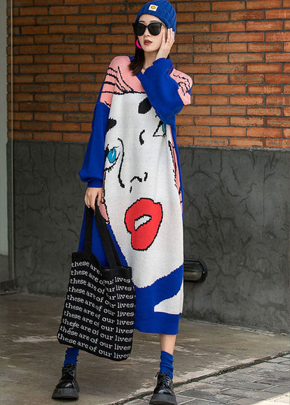 Französisch Blau O-Ausschnitt Lose Herbst Stricken Lange Kleider Langarm