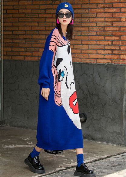 Französisch Blau O-Ausschnitt Lose Herbst Stricken Lange Kleider Langarm