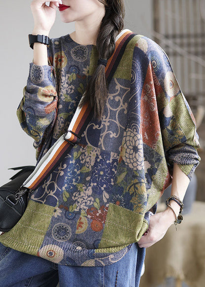 Französischer blauer O-Ausschnitt-Print, lockerer Herbstpullover