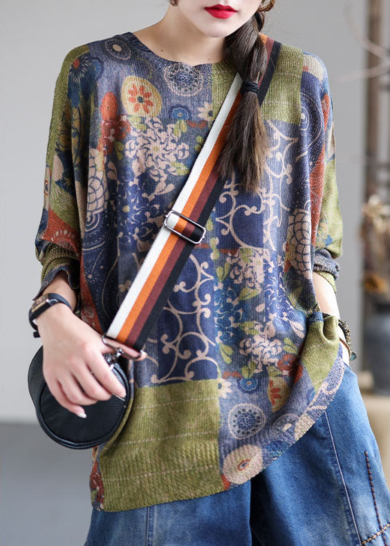 Französischer blauer O-Ausschnitt-Print, lockerer Herbstpullover