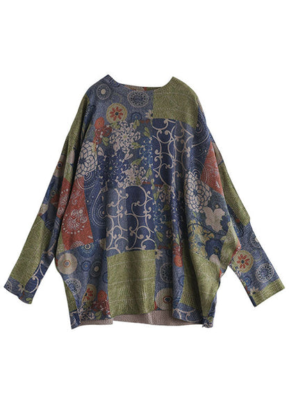 Französischer blauer O-Ausschnitt-Print, lockerer Herbstpullover