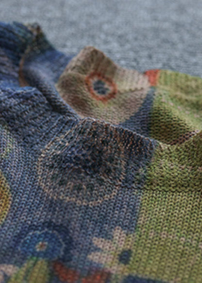 Französischer blauer O-Ausschnitt-Print, lockerer Herbstpullover