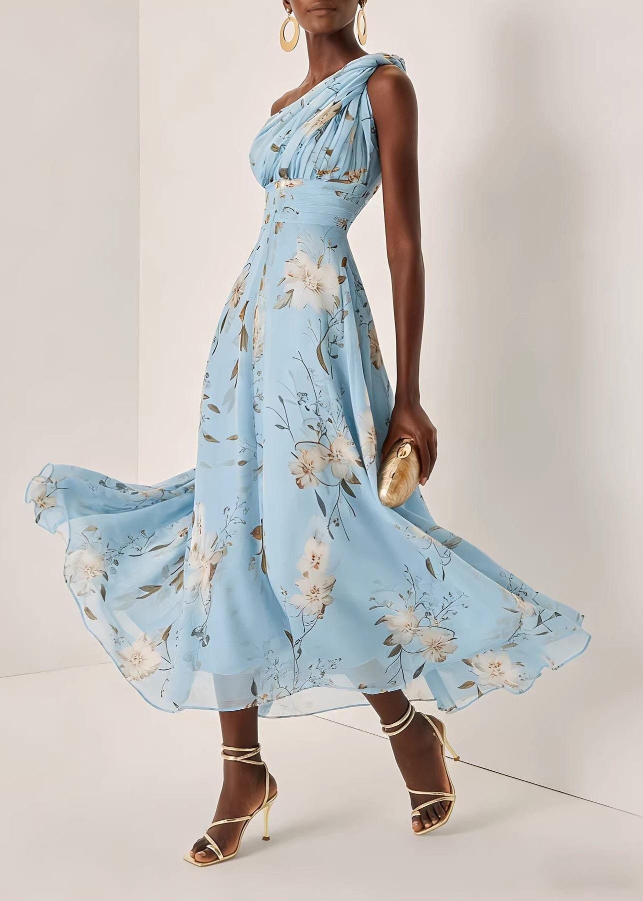 French Blue One Shoulder Wrinkled Print Long Dress Summer