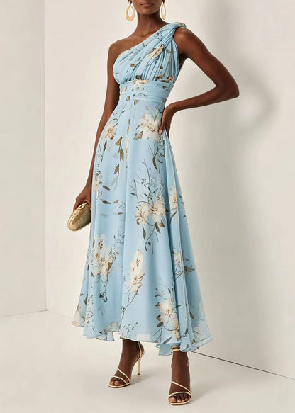 French Blue One Shoulder Wrinkled Print Long Dress Summer