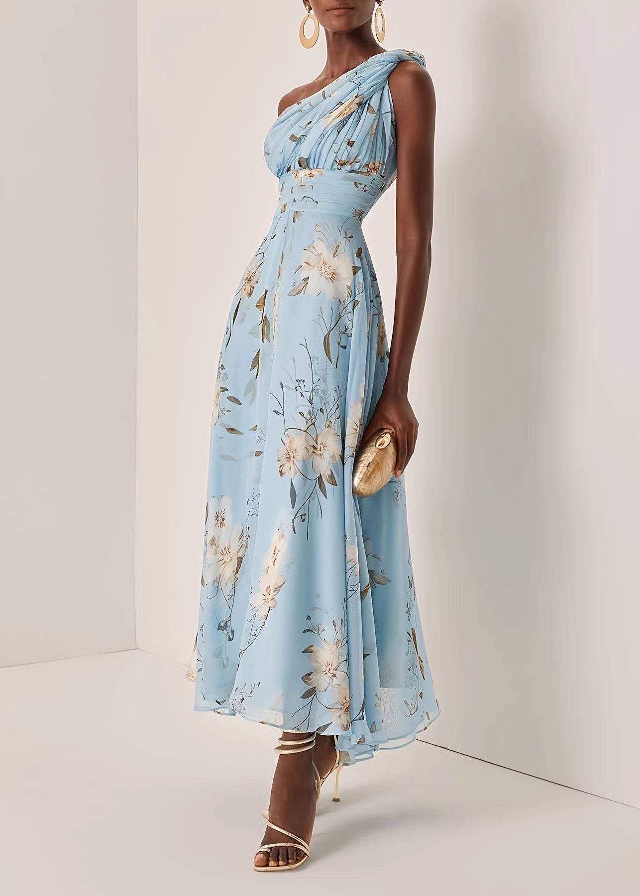 French Blue One Shoulder Wrinkled Print Long Dress Summer