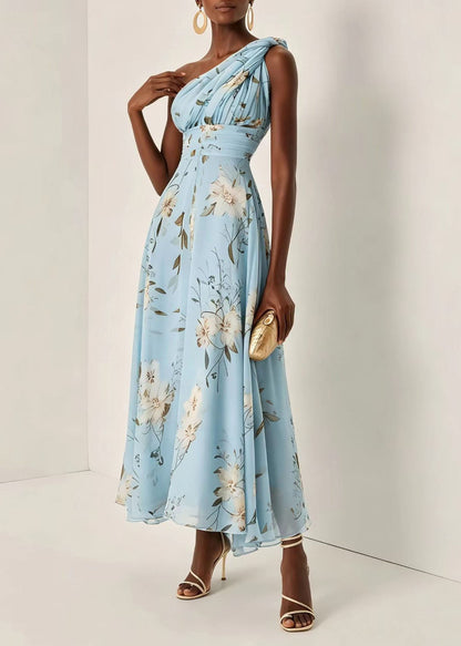 French Blue One Shoulder Wrinkled Print Long Dress Summer