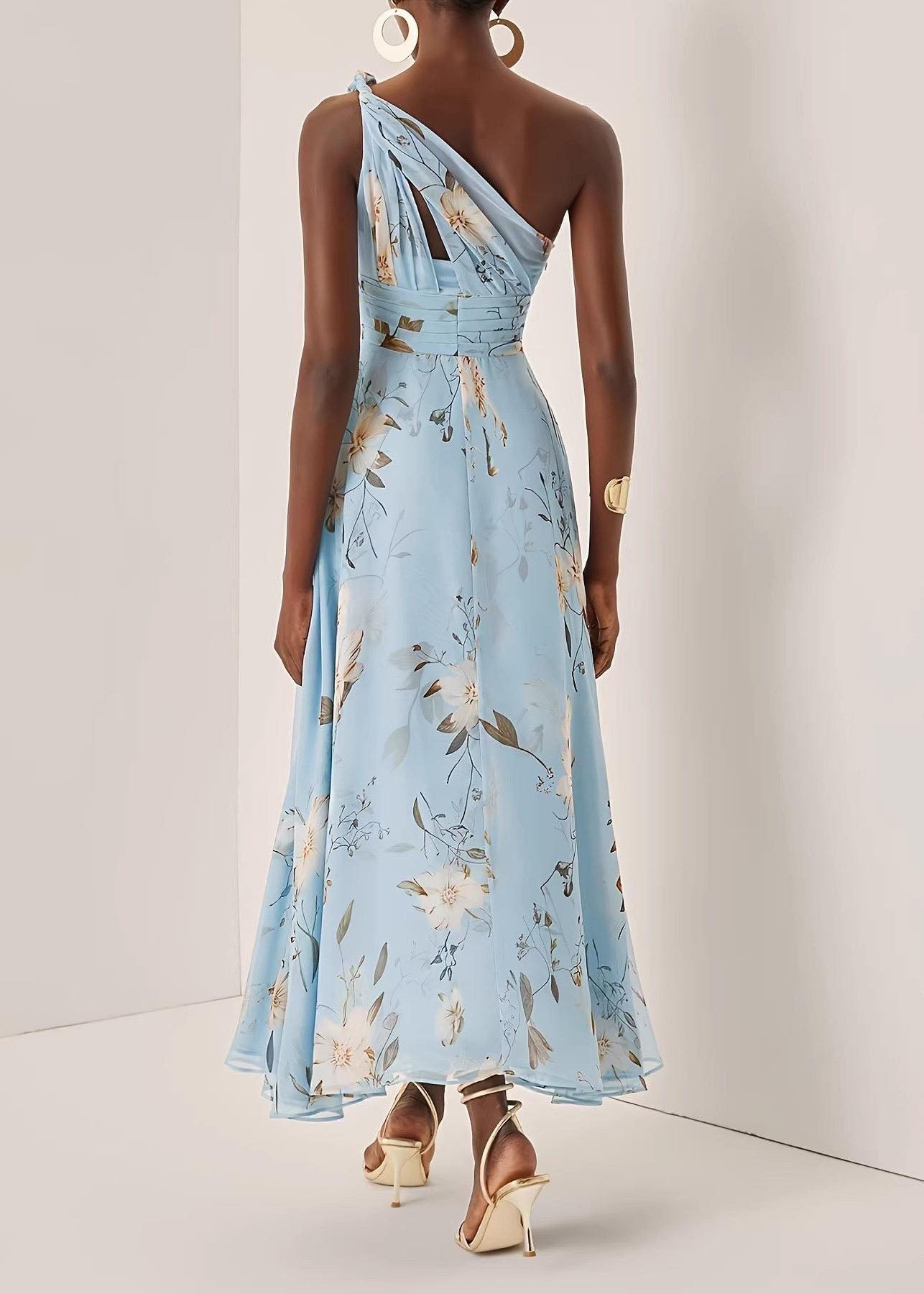 French Blue One Shoulder Wrinkled Print Long Dress Summer