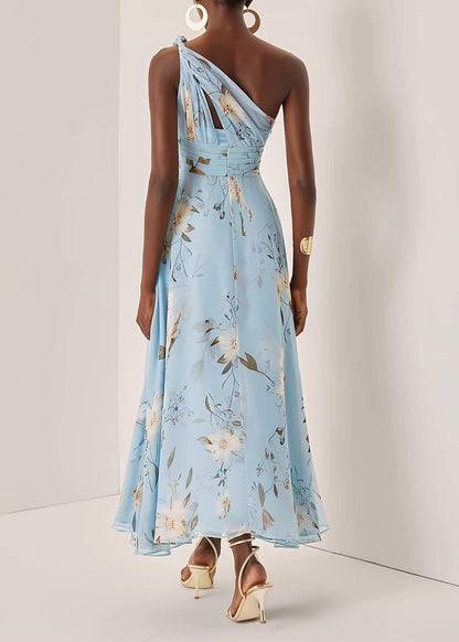 French Blue One Shoulder Wrinkled Print Long Dress Summer