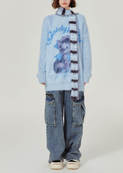 Suéteres de punto de invierno de pelo de visón sintético de gato lindo de gran tamaño azul francés