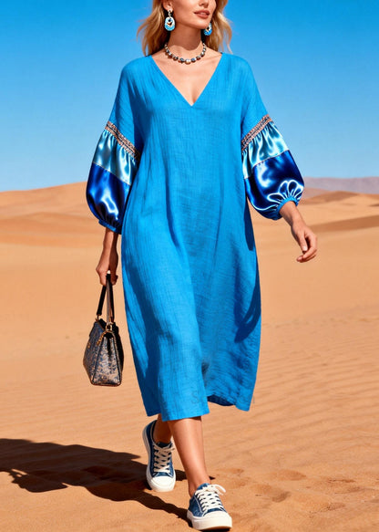 French Blue Oversized Patchwork Cotton Dresses Lantern Sleeve