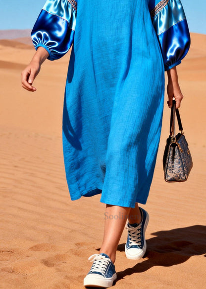 French Blue Oversized Patchwork Cotton Dresses Lantern Sleeve