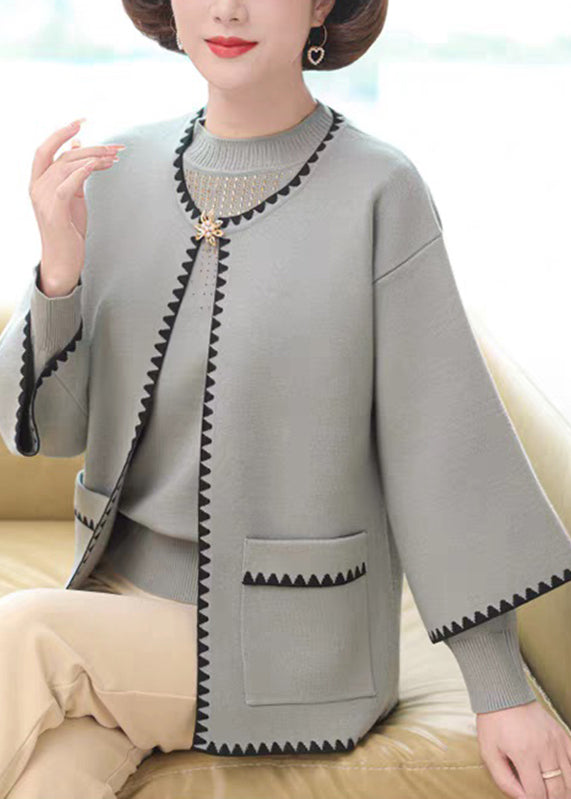 Conjunto de dos piezas de cárdigan y suéter de punto de algodón con patchwork azul francés y manga tres cuartos