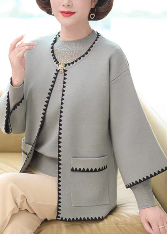 Conjunto de dos piezas de cárdigan y suéter de punto de algodón con patchwork azul francés y manga tres cuartos