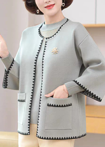 Conjunto de dos piezas de cárdigan y suéter de punto de algodón con patchwork azul francés y manga tres cuartos