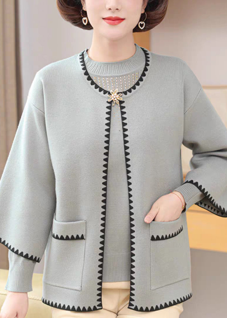 Conjunto de dos piezas de cárdigan y suéter de punto de algodón con patchwork azul francés y manga tres cuartos