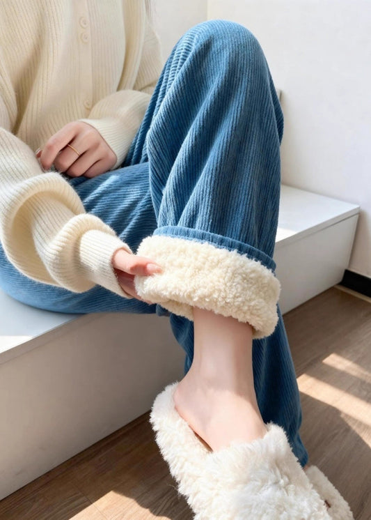 Pantalones de pana de tiro alto y pierna ancha de forro polar con patchwork azul francés para invierno