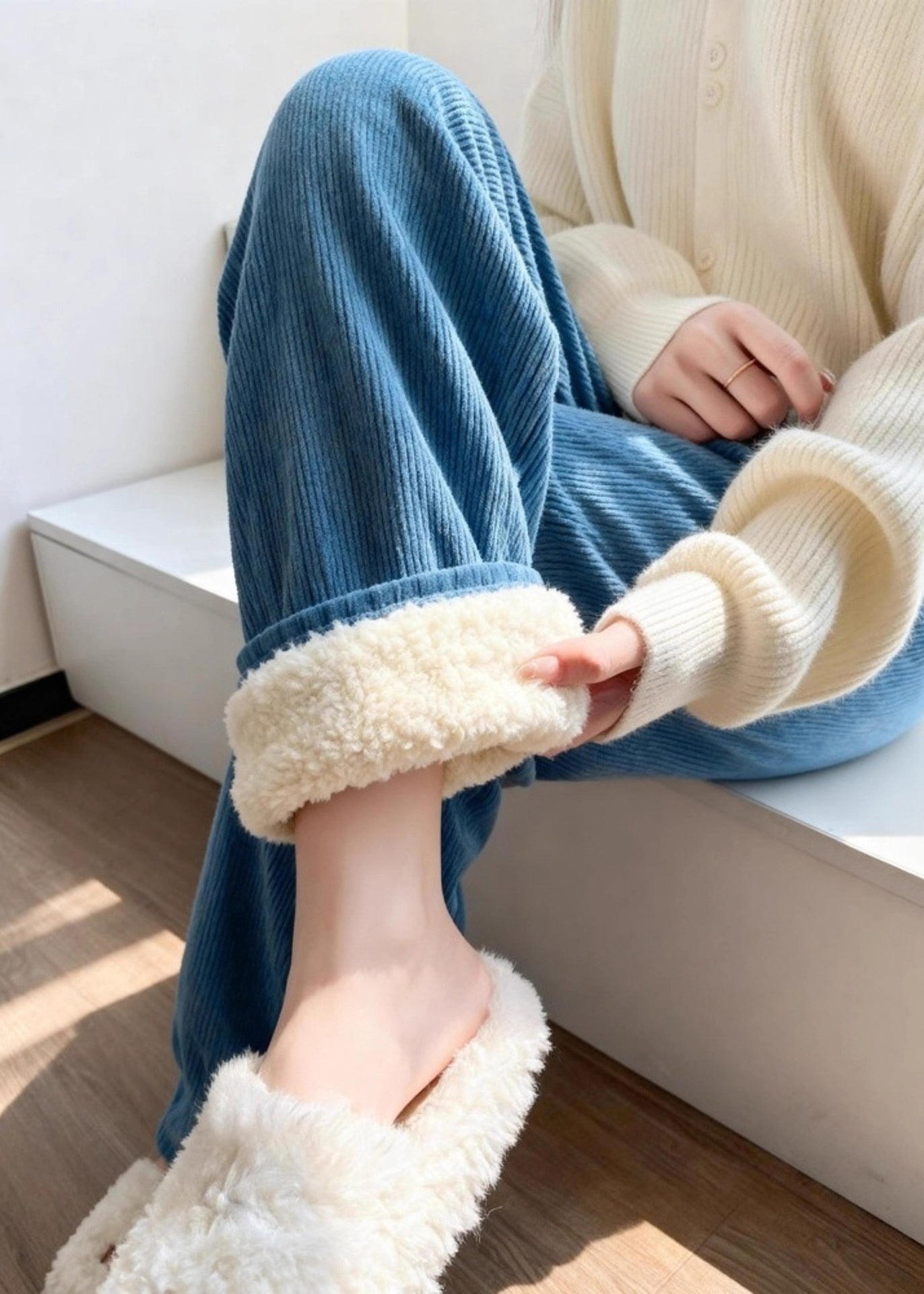 Französischblaue Patchwork-Cord-Fleecehose mit hohem Bund und weitem Bein für den Winter