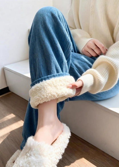 Französischblaue Patchwork-Cord-Fleecehose mit hohem Bund und weitem Bein für den Winter