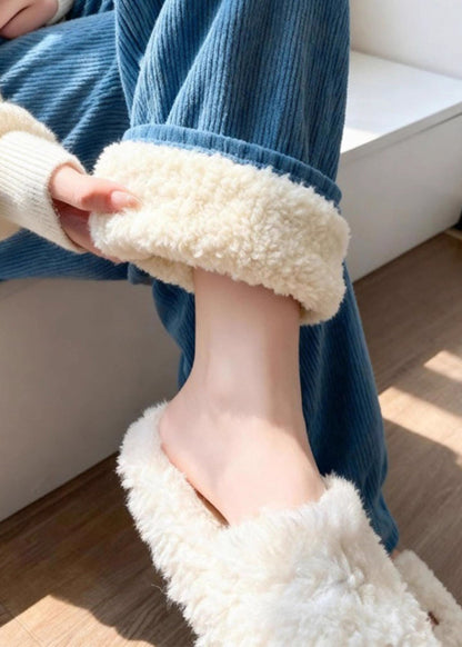 Französischblaue Patchwork-Cord-Fleecehose mit hohem Bund und weitem Bein für den Winter