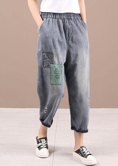 French Blue Patchwork ripped shorts Harem Pants - SooLinen
