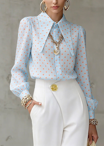 French Blue Peter Pan Collar Dot Print Shirt Lantern Sleeve