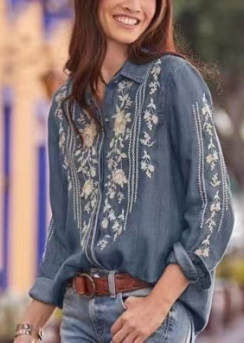 French Blue Peter Pan Collar Embroidered Denim Shirt Top Long Sleeve